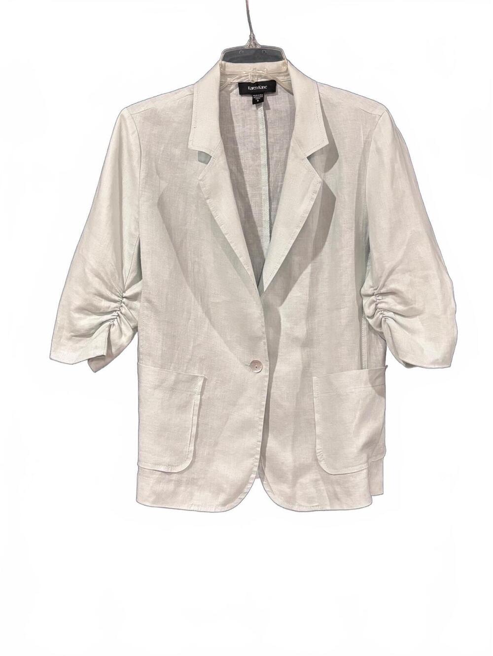 Karen Kane Light Green Linen Blazer with Ruched Sleeves, Size Small